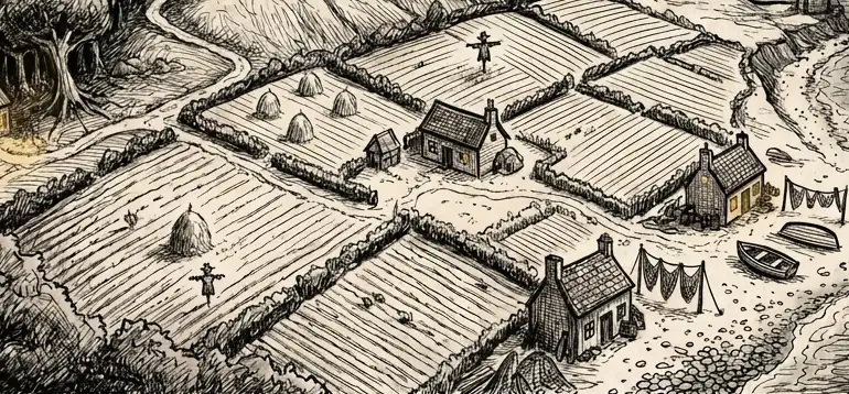 A pen-and-ink picture of the fields on Grimbleton Hill, with a farmhouse, haystacks and scarecrows