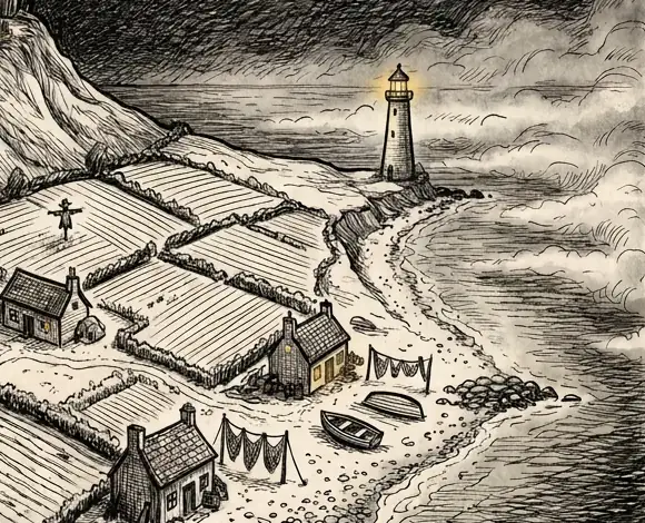 A pen-and-ink picture of the shore on Grimbleton Hill, with a lit lighthouse, fog, boats and fishermen’s cottages