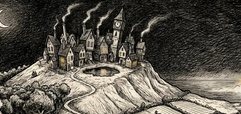 A pen-and-ink picture of Mildew, the village on top of Grimbleton Hill, with its leaning houses, clock tower and pond