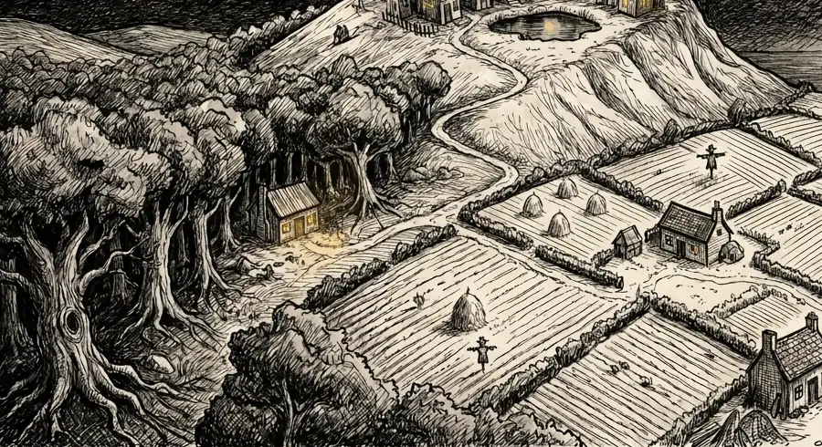 A pen-and-ink picture of the wood on Grimbleton Hill, with a lit cottage among the trees