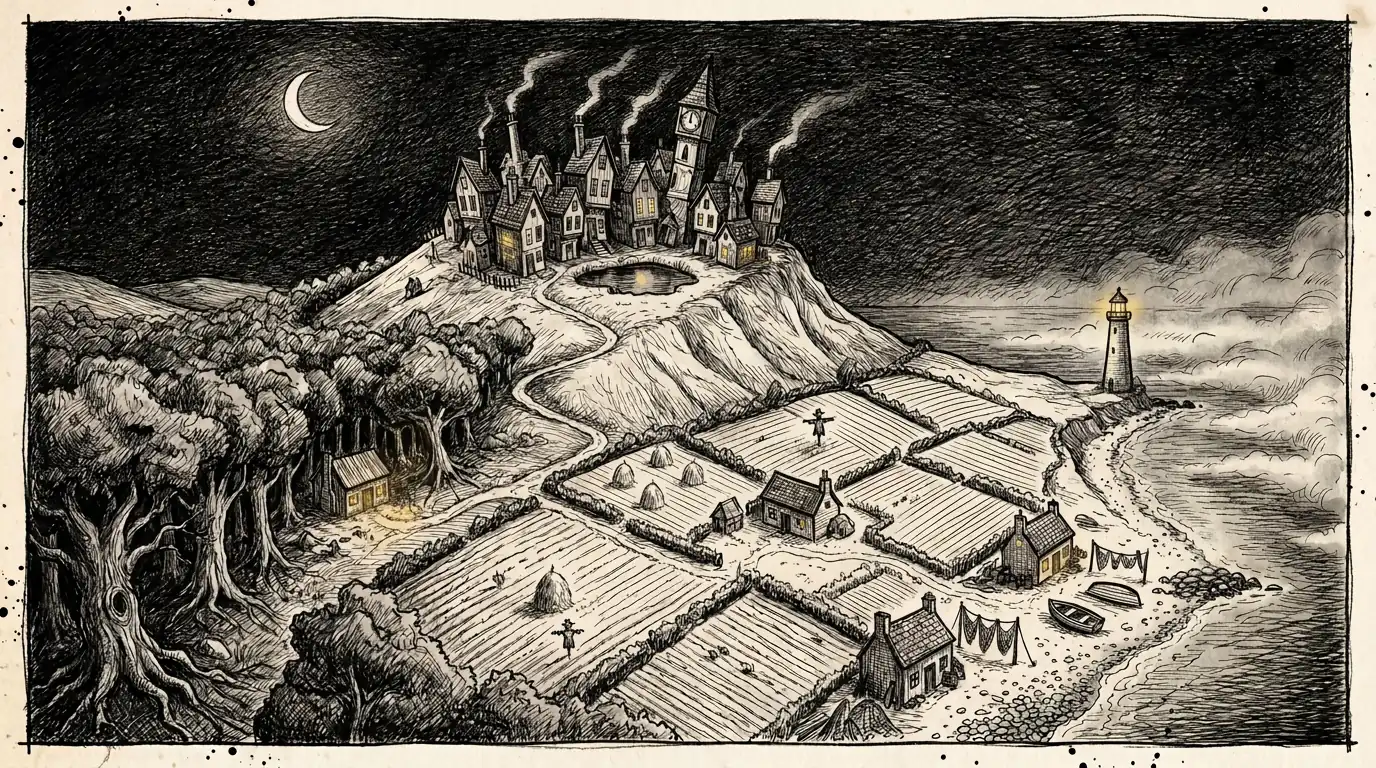 A pen-and-ink map of Grimbleton Hill by night. The village of Mildew sits on top, with a clock tower and a pond. The wood runs down the left side, the fields spread across the middle, and the shore lies along the right, with a lighthouse.