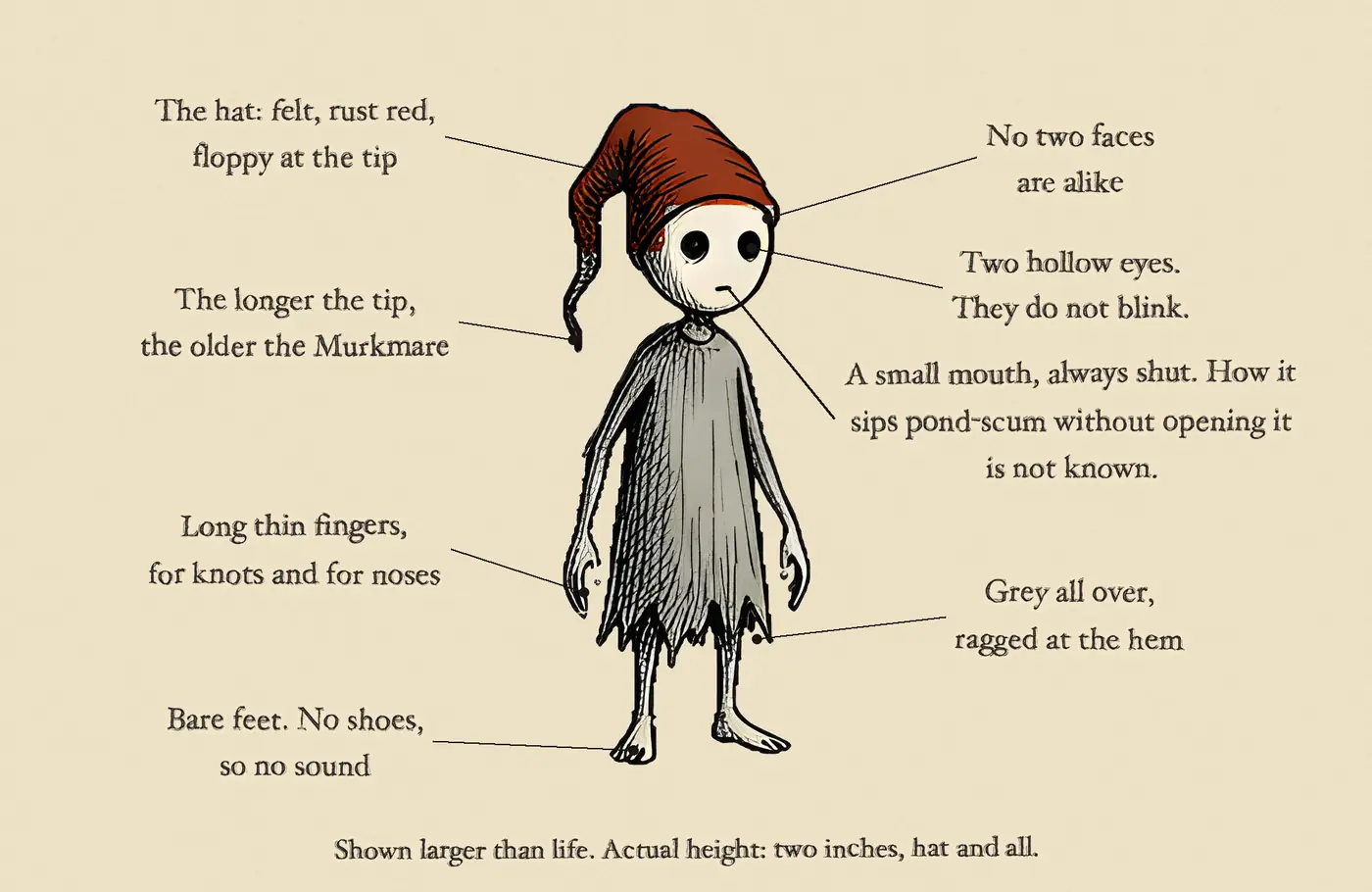 A Murkmare drawn large and labelled: the felt hat, the floppy tip, the blank face, two hollow eyes, a small mouth always shut, long thin fingers, grey clothes ragged at the hem, and bare feet.