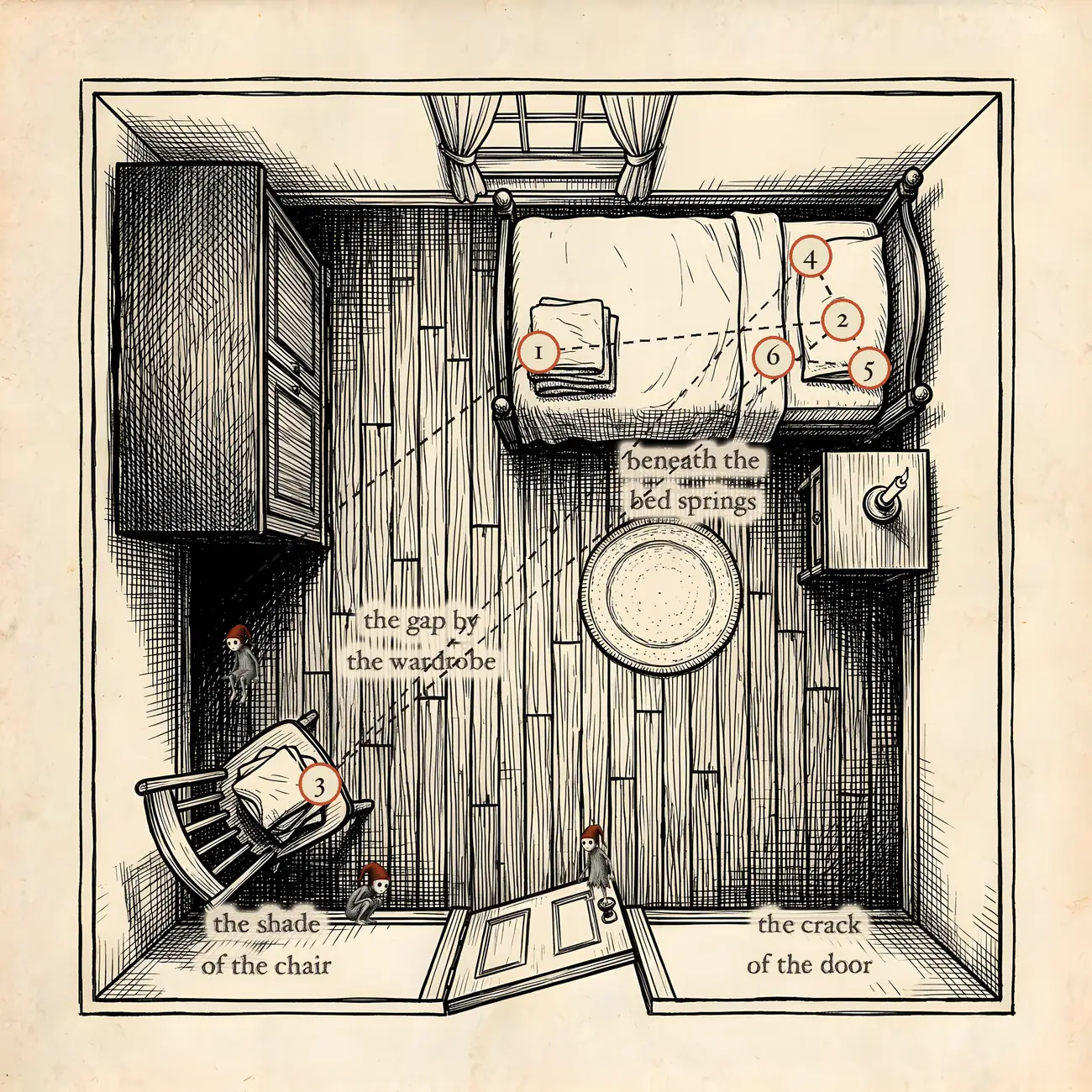 A floor plan of a child’s bedroom with a bed, a wardrobe, a chair and a door. A dotted line runs from the gap by the wardrobe to six numbered stops: the foot of the bed, the pillow, the chair, then three stops around the pillow.