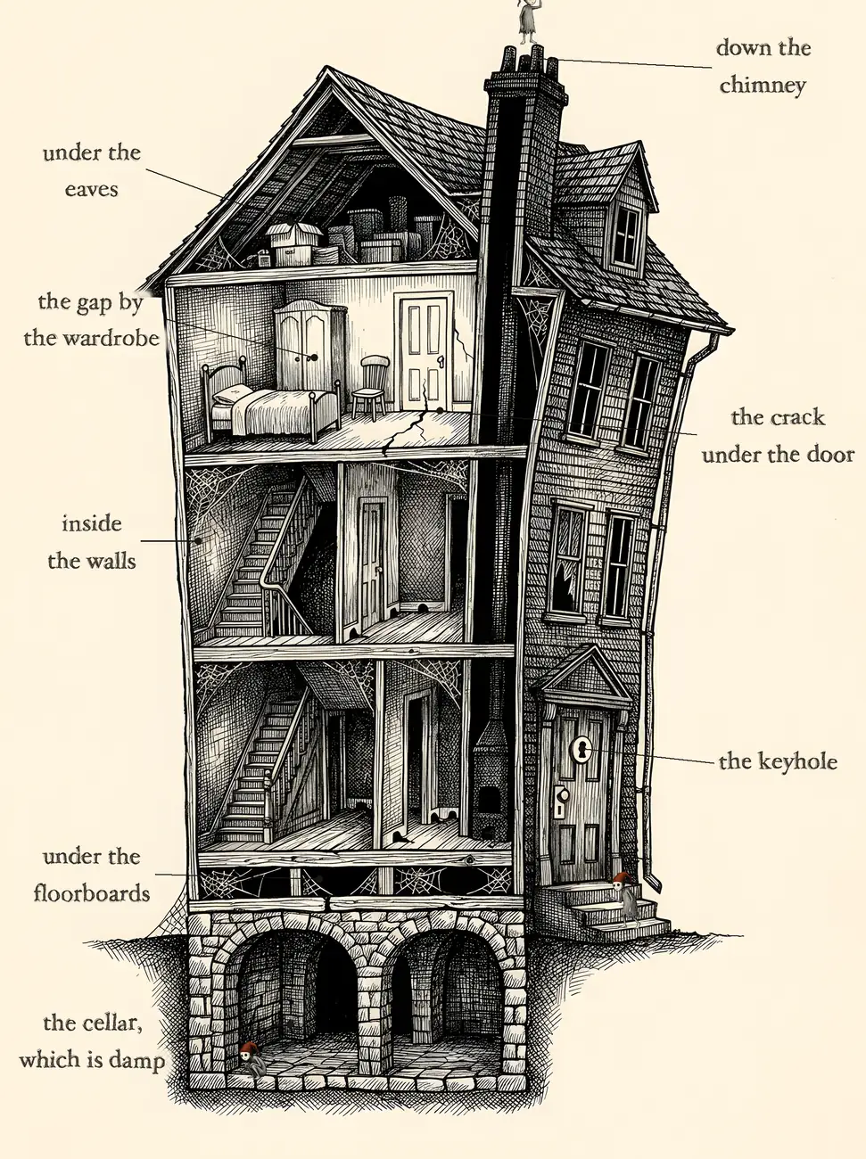 A cutaway drawing of a tall, crooked house showing the ways in: the chimney, the eaves, the keyhole, the crack under a door, the hollow walls, the space under the floorboards and the cellar.