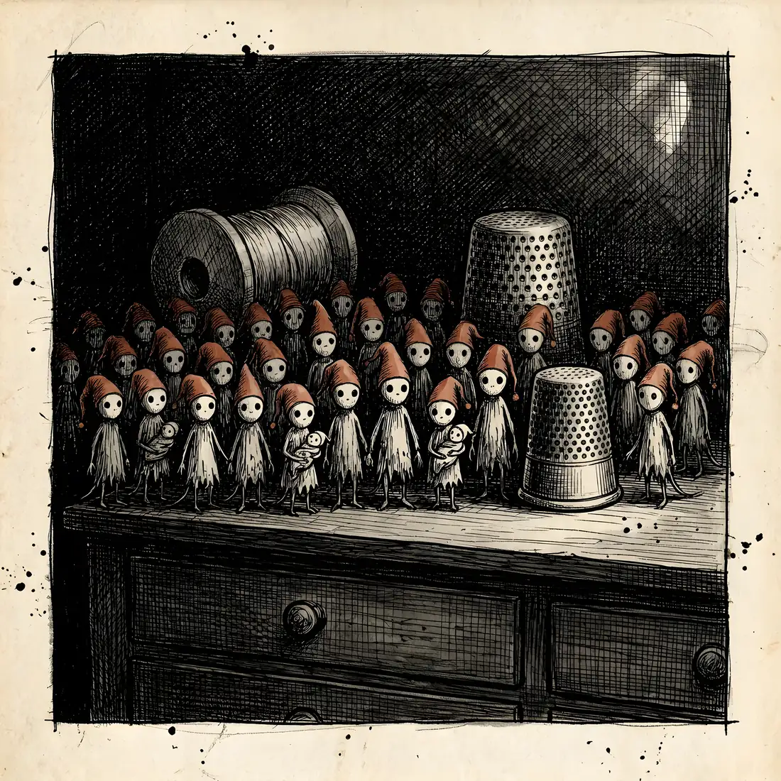 A crowd of Murkmares, a whole family, gathered beside a thimble