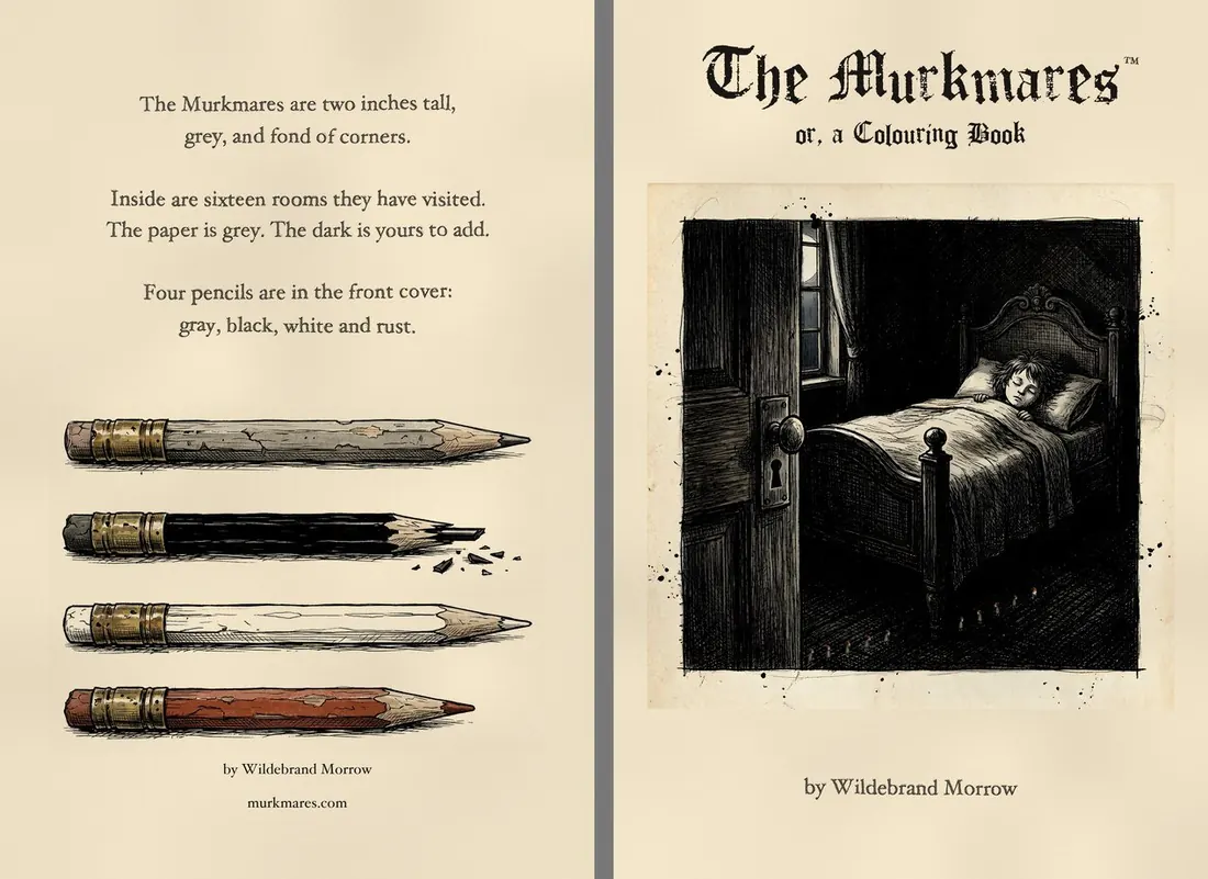 The colouring book’s back and front covers: an ink drawing of a child asleep in bed with the door ajar, and four worn pencils on the back