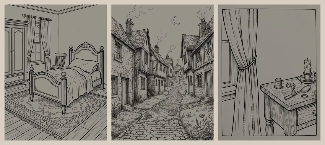 Three colouring pages printed in black on grey paper: a bedroom, a crooked village lane, and a bedside table