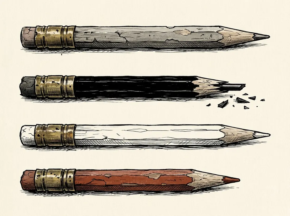 Four short worn pencils in grey, black, white and rust; the black one’s lead is snapped