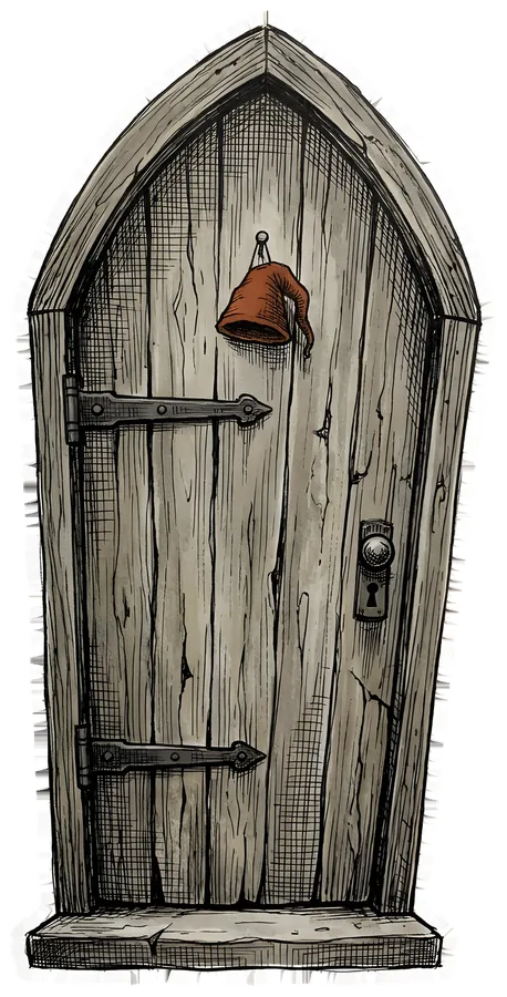 A tiny arched wooden door with iron hinges, a small door knocker and a keyhole, leaning slightly