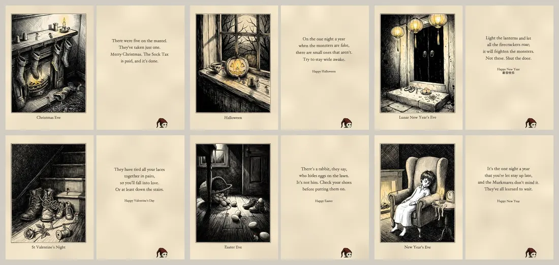 Six folded holiday cards, outside and inside: night scenes with small Murkmares, and a rhyme inside each