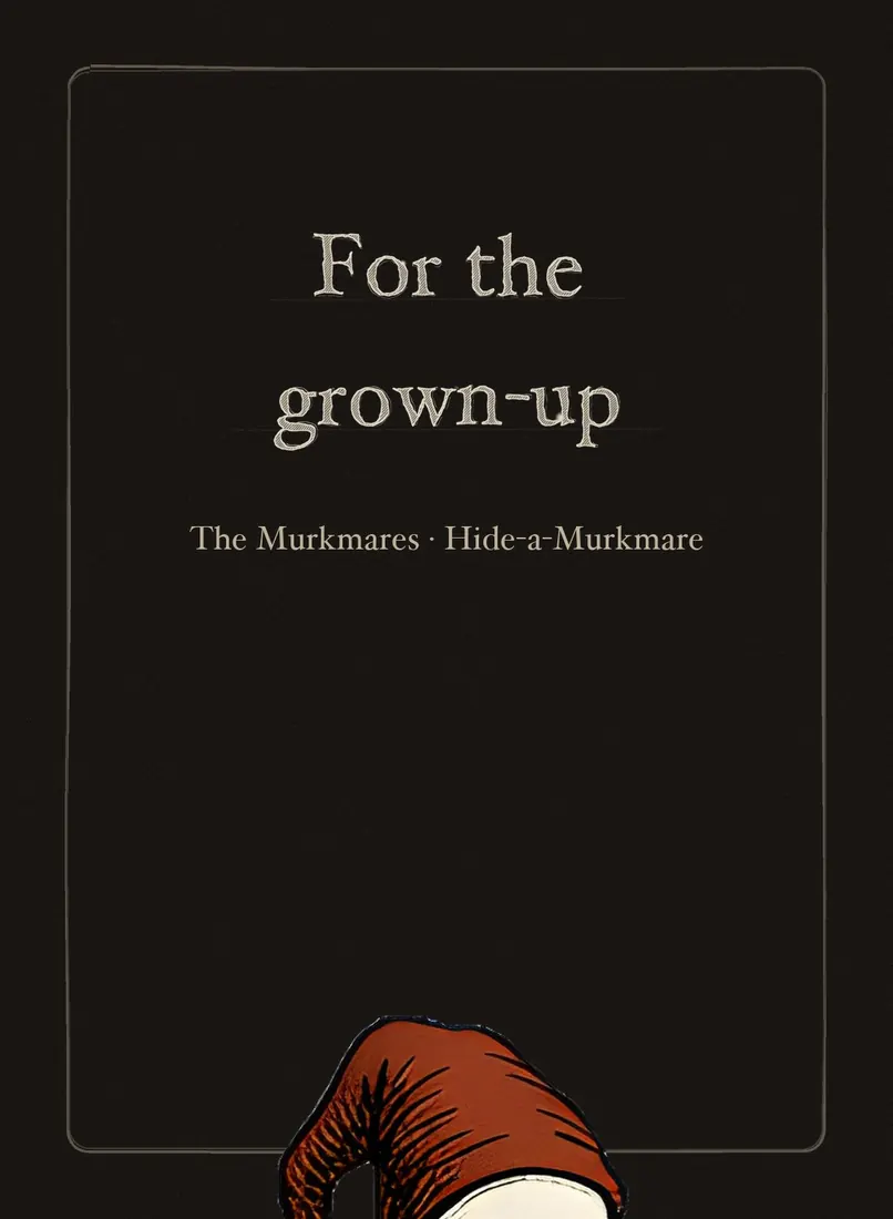 The cover of a small dark booklet titled For the grown-up, with a rust hat peeking up from the bottom edge