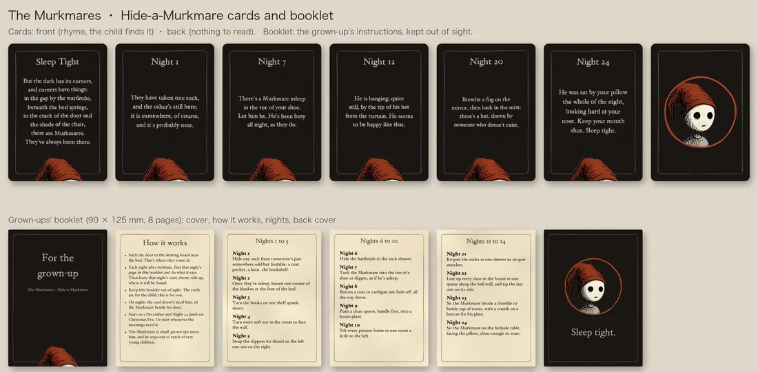 The kit’s cards laid out: dark cards with short rhymes on the front, a Murkmare in a ring on the back, and the grown-ups’ booklet
