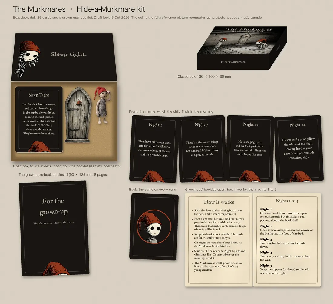 Everything in the Hide-a-Murkmare kit laid out: the box closed and open, the doll, the tiny door, the cards and the grown-ups’ booklet