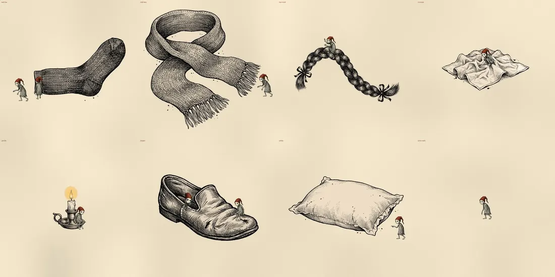 The small scenes on the pajama pattern: a sock, a scarf, a braid, a handkerchief, a candle, a slipper, a pillow and a thimble, each with a Murkmare