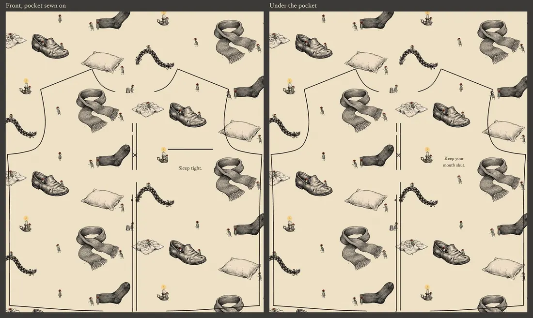 The front of a cream pajama top covered in tiny Murkmares dragging socks, scarves and slippers, shown with the pocket on and off