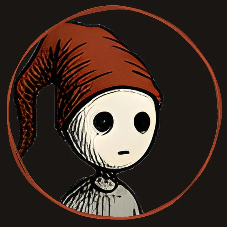 A round patch: one Murkmare head in its rust-red hat, drawn in ink inside a rust ring