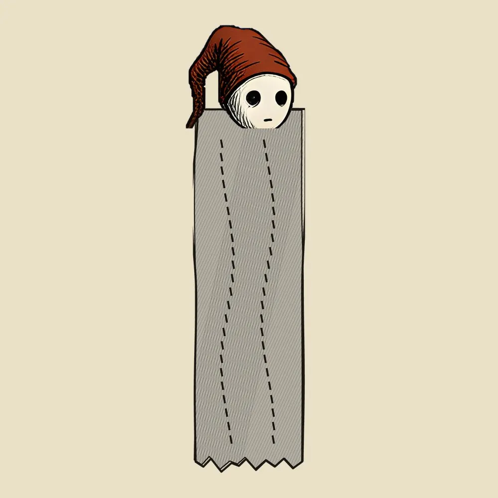A long thin grey bookmark with stitched lines, and a Murkmare in its rust hat peeking over the top