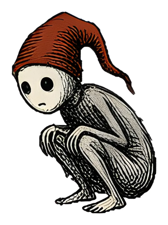 A Murkmare crouching on its toes, arms round its knees, in a rust hat, with a white border
