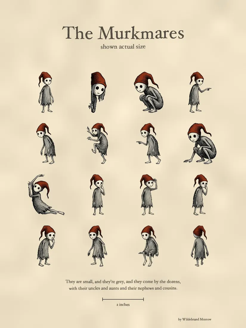 A print titled The Murkmares, shown actual size: rows of small Murkmares in different poses with a ruler marked one inch