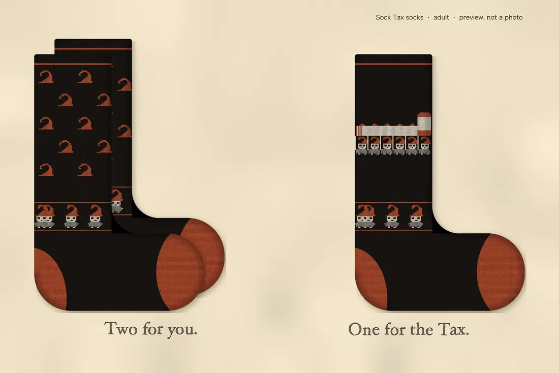 Two dark socks with rust heels and toes: a matching sock with small rust hats, and the Tax sock with Murkmares carrying off a sock