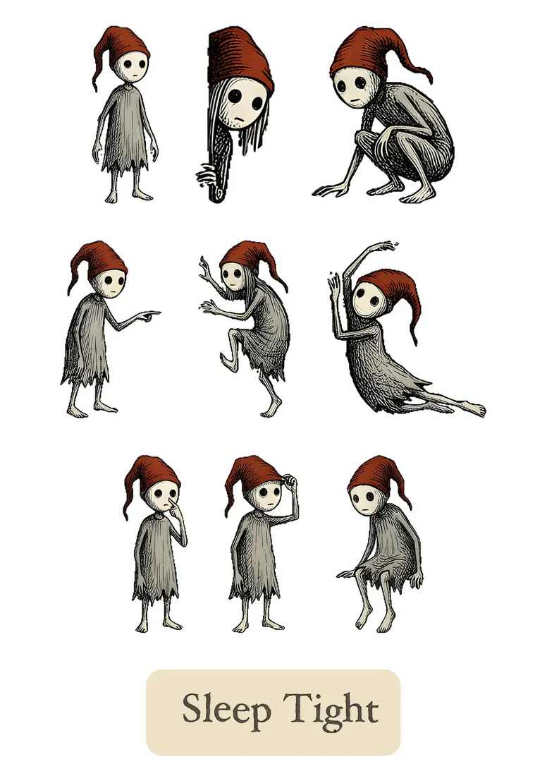 A sheet of nine Murkmare stickers in different poses and a Sleep Tight label